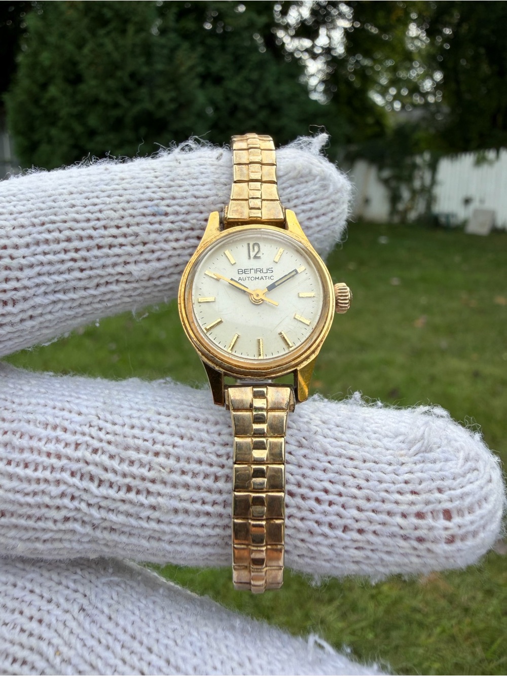 Vintage Benrus Ladies Automatic 14K Gold Electroplate Watch Open Thru Crystal Wr